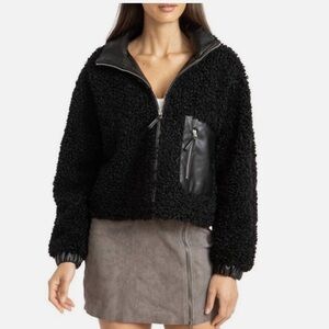 Blank NYC black bomber jacket leather trim faux shearling in black